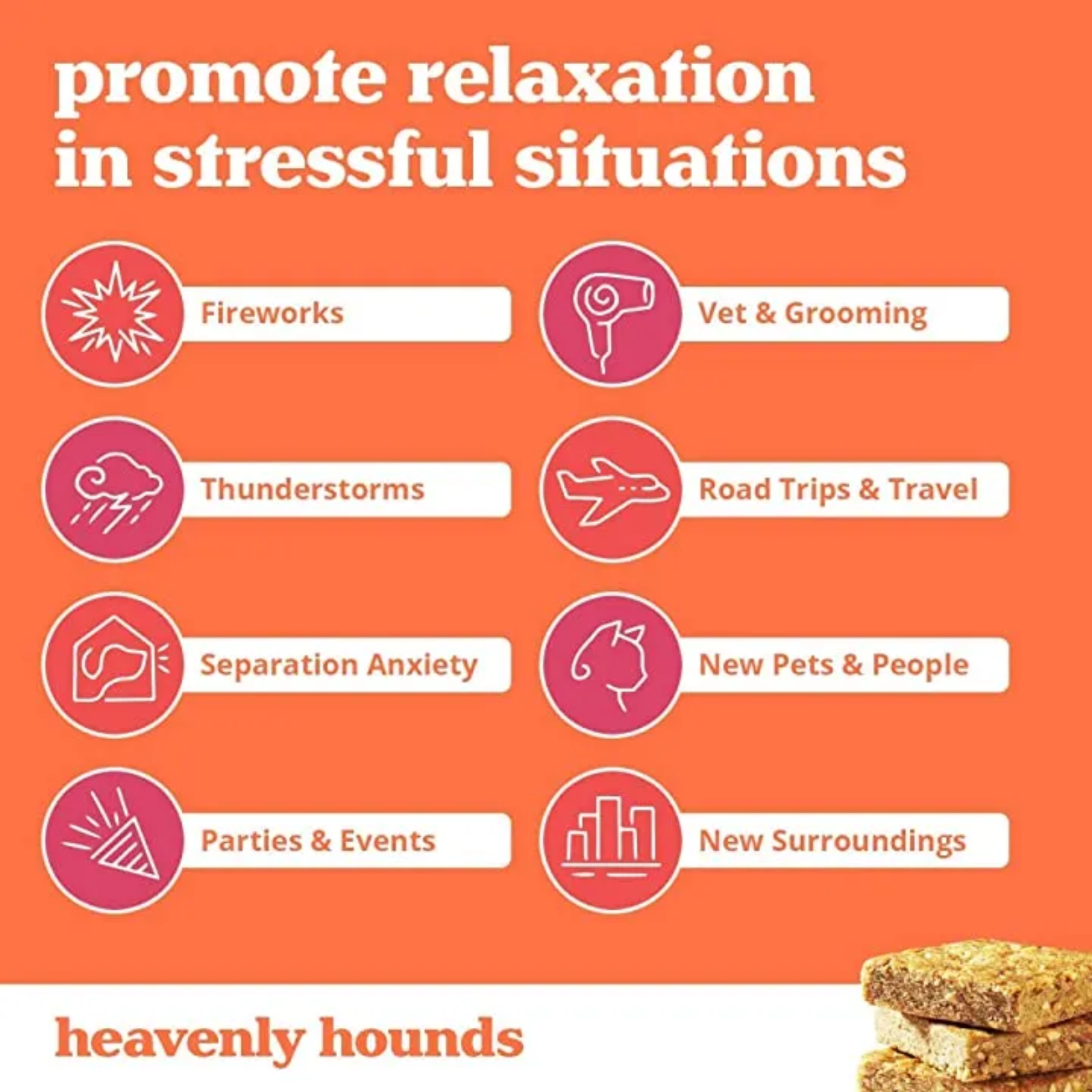 List of stressful situations with corresponding icons and 'heavenly hounds' branding on an orange background.
