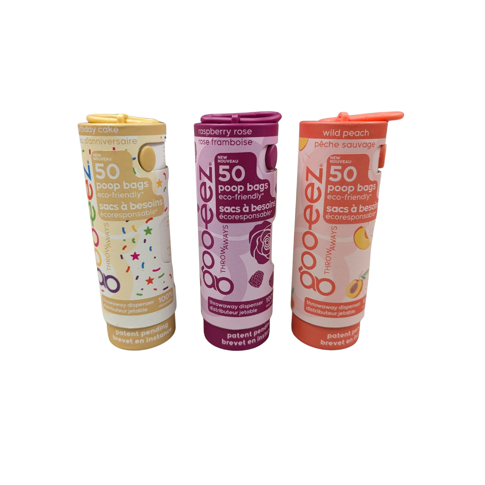 Three stand-up plastic poop bags in colorful cylindrical packaging, shown side by side on a plain white background.