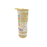 A tube of Goo-eez 'Birthday Cake' poop bags, featuring a colorful confetti and cake design on a beige background, with a yellow cap and a yellow clip.