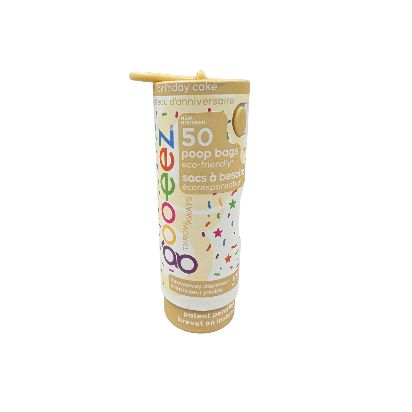 A tube of Goo-eez 'Birthday Cake' poop bags, featuring a colorful confetti and cake design on a beige background, with a yellow cap and a yellow clip.