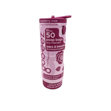 A tube of Goo-eez raspberry rose scented poop bags, 50 count, with a pink clip on the top of the tube, shown on a plain white background.