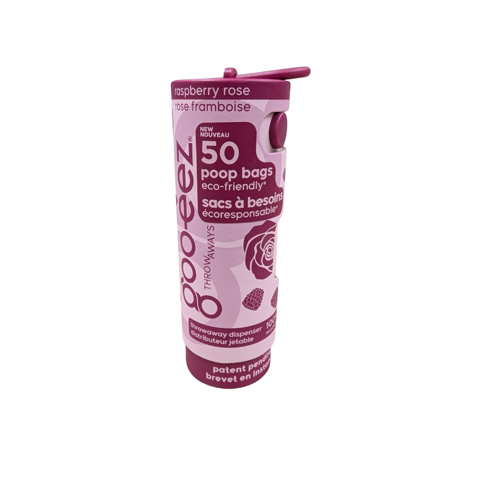 A tube of Goo-eez raspberry rose scented poop bags, 50 count, with a pink clip on the top of the tube, shown on a plain white background.