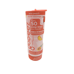 A tube of Goo-eez disposable poop bags in Wild Peach scent, featuring a pink and orange design with a peach slice illustration, set against a plain white background.