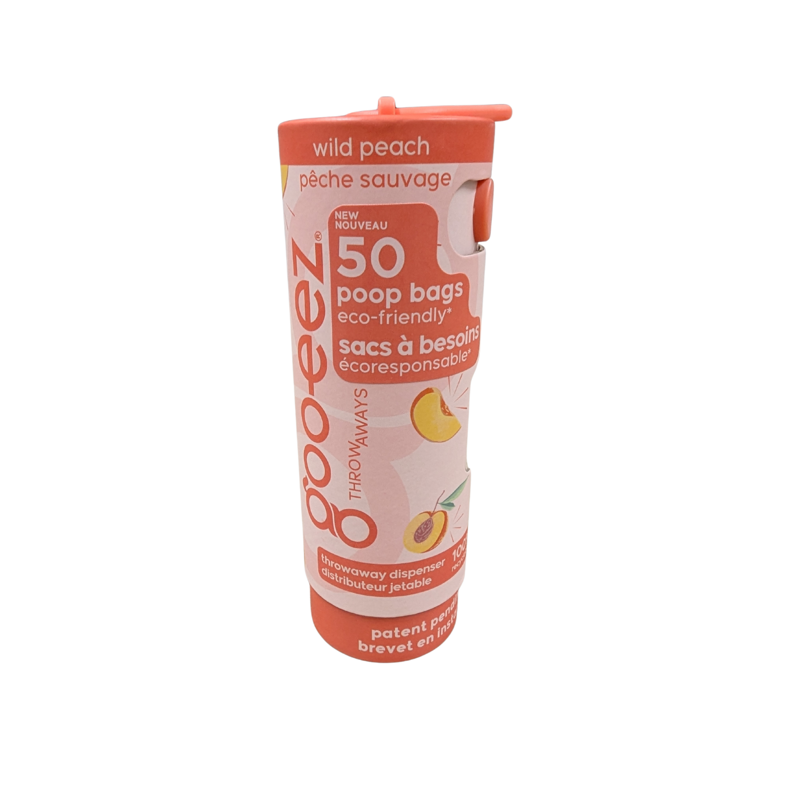 A tube of Goo-eez disposable poop bags in Wild Peach scent, featuring a pink and orange design with a peach slice illustration, set against a plain white background.