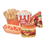 A set of watercolor-style fast food plush toys, including a hot dog, french fries, popcorn bucket, pizza slice, and hamburger, isolated on a white background.