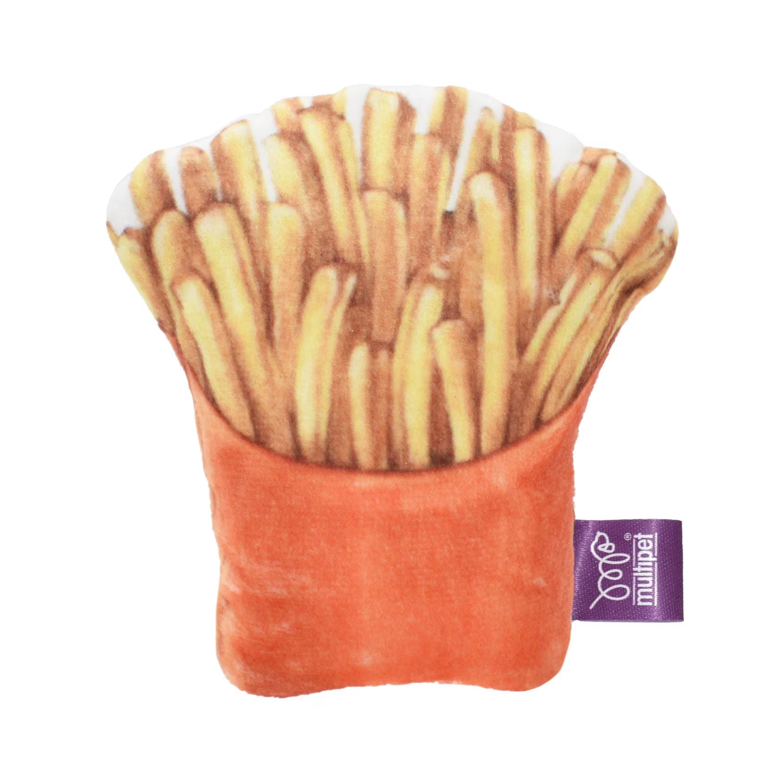 A plush toy shaped like a french fries bag, featuring golden-yellow fries on a white background with an orange-brown bag and a small purple brand tag reading 'Multipet'.