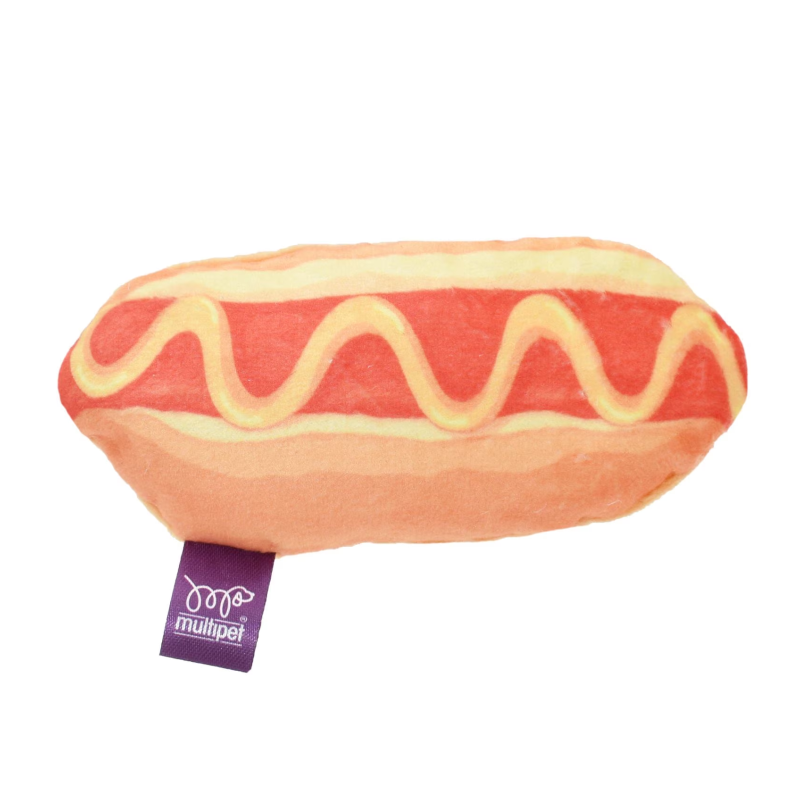 A plush hot dog toy with a peach-colored bun, red filling, and yellow mustard lines, featuring a purple 'Multipet' tag.
