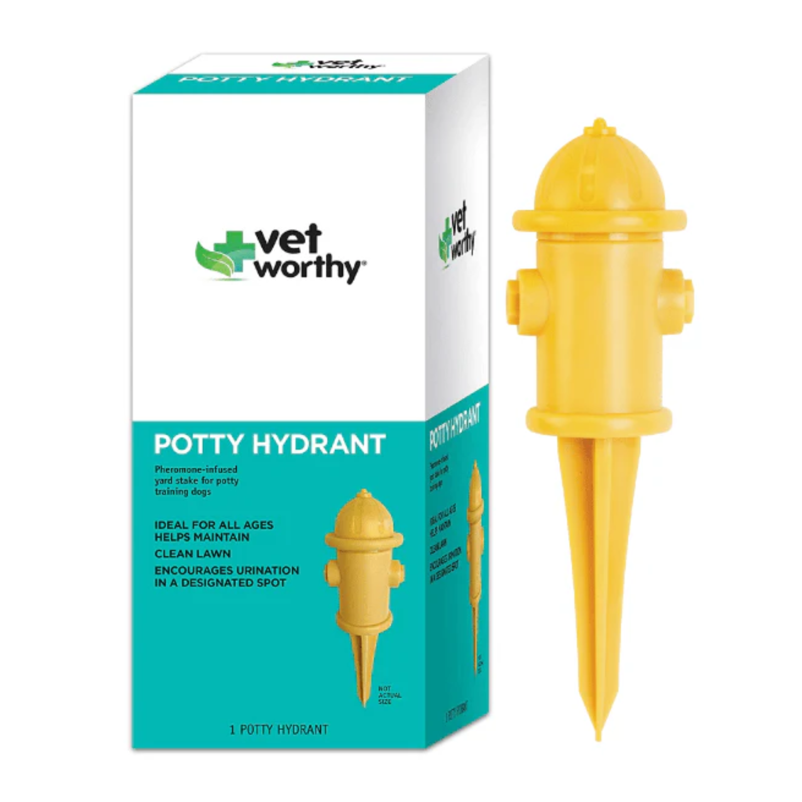 Packaging for Vet Worthy Pet Potty Hydrant with a picture of the yellow potty training aid and product information.