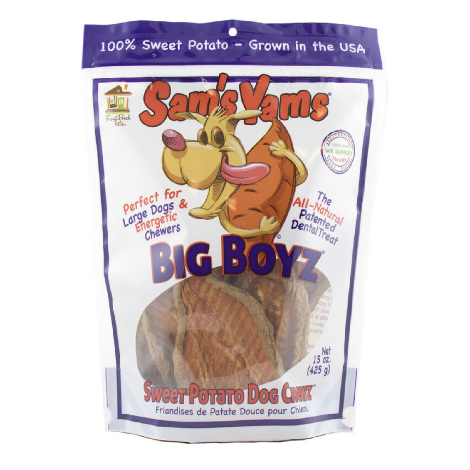 Sam's Yams Big Boyz Sweet Potato Dog Chews in a 15 oz resealable stand-up pouch. The packaging features a cartoon illustration of a brown dog and text indicating it is perfect for large dogs and energetic chewers.