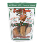 Sam's Yams Veggie Rawhide Sweet Potato Dog Chunks in a 14 oz resealable stand-up pouch. The packaging features a green top banner, a cartoon dog illustration, and a clear window showing the brown sweet potato chunks inside.