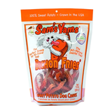 Sam's Yams Bichon Fries Sweet Potato Dog Chunks in a 9 oz resealable stand-up pouch. The packaging features a cartoon Bichon Frise dog holding a sweet potato and features a window of the reddish-brown potato chunks inside.