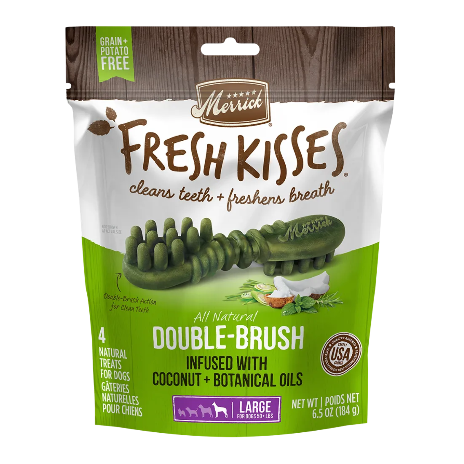 A package of Merrick Fresh Kisses Double-Brush dog treats, featuring a white and green bag with a brown top section, showing the green double-brush treats inside.