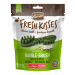 Merrick Fresh Kisses Double-Brush Infused with Coconut + Botanical Oils dog dental chew in a stand-up pouch. The packaging features a brown wood-grain top section, a white middle section with the product name, and a bright green bottom section showing the double-brush chew.