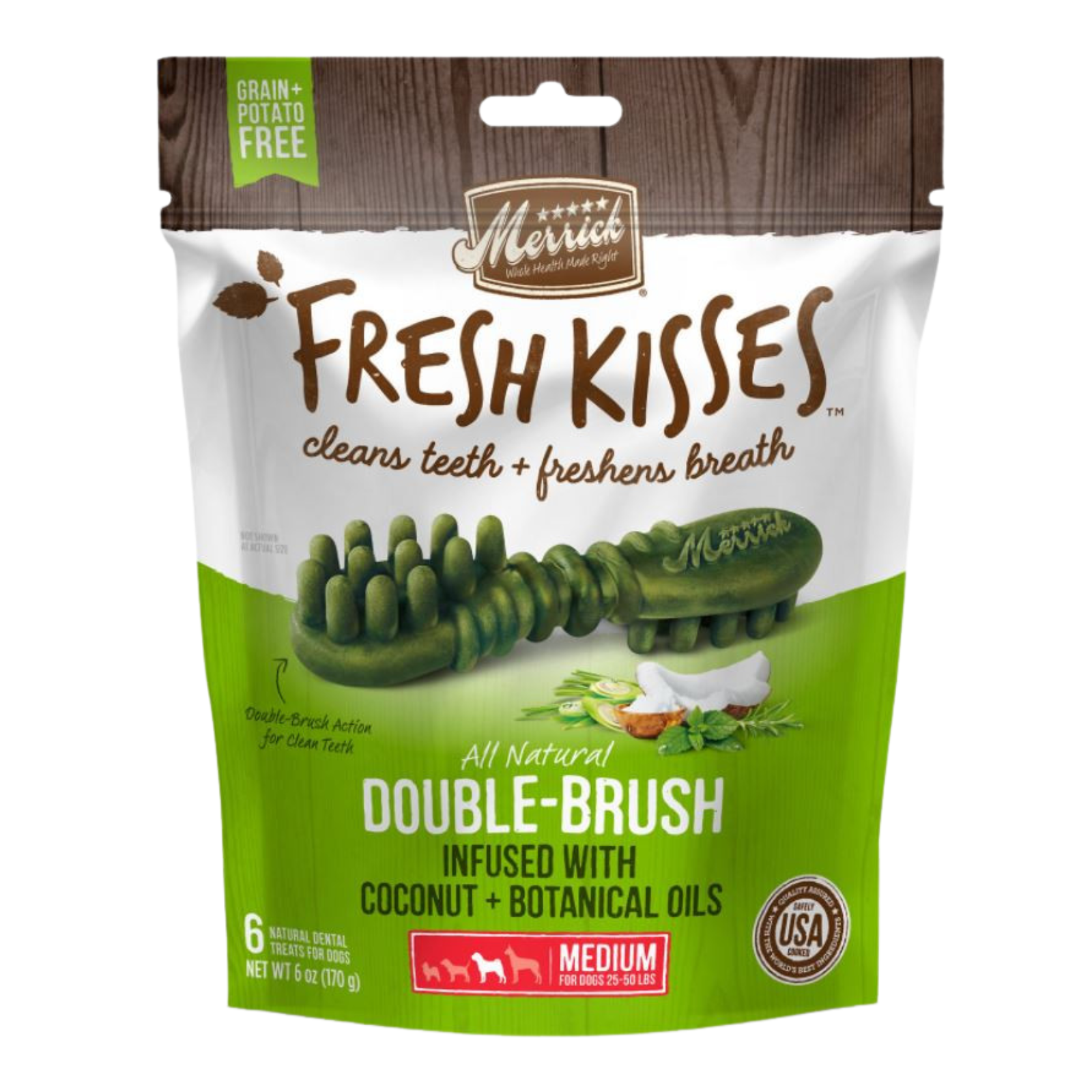 Merrick Fresh Kisses Double-Brush Infused with Coconut + Botanical Oils dog dental chew in a stand-up pouch. The packaging features a brown wood-grain top section, a white middle section with the product name, and a bright green bottom section showing the double-brush chew.