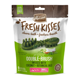 A package of Merrick Fresh Kisses Double-Brush dog treats, designed for small dogs. The packaging is white and green with a brown top section, featuring an illustration of the green, ridged treats and highlighting 'Grain & Potato Free' and 'Double-Brush Active for Clean Teeth'.