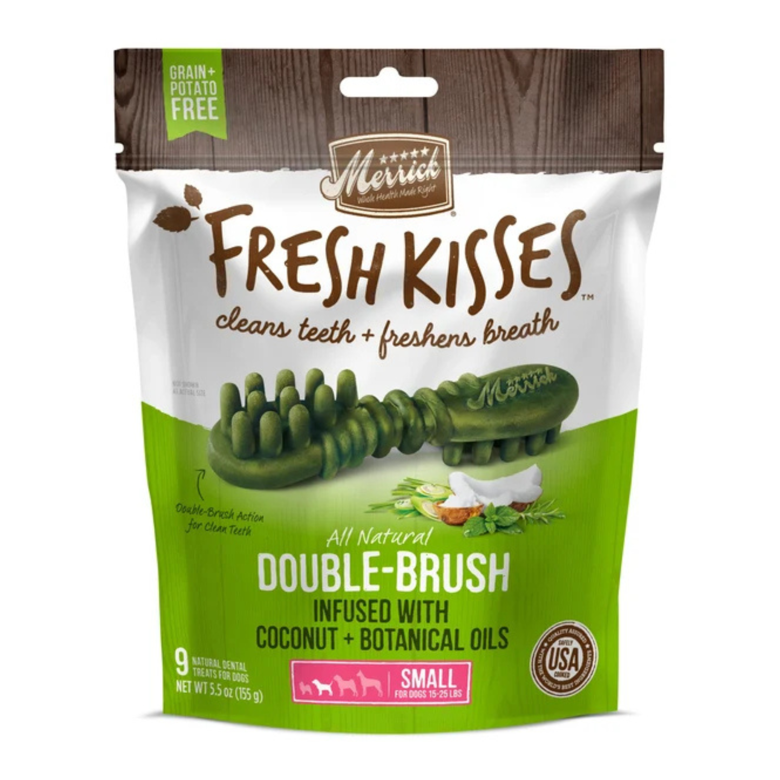 A package of Merrick Fresh Kisses Double-Brush dog treats, designed for small dogs. The packaging is white and green with a brown top section, featuring an illustration of the green, ridged treats and highlighting 'Grain & Potato Free' and 'Double-Brush Active for Clean Teeth'.