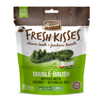 Merrick Fresh Kisses Double-Brush dog dental treats in a 10 oz resealable pouch. The packaging features a dark brown top section with a wood-grain pattern, a white middle section with the Merrick logo, and a bright green bottom section showing the green double-brush treats.
