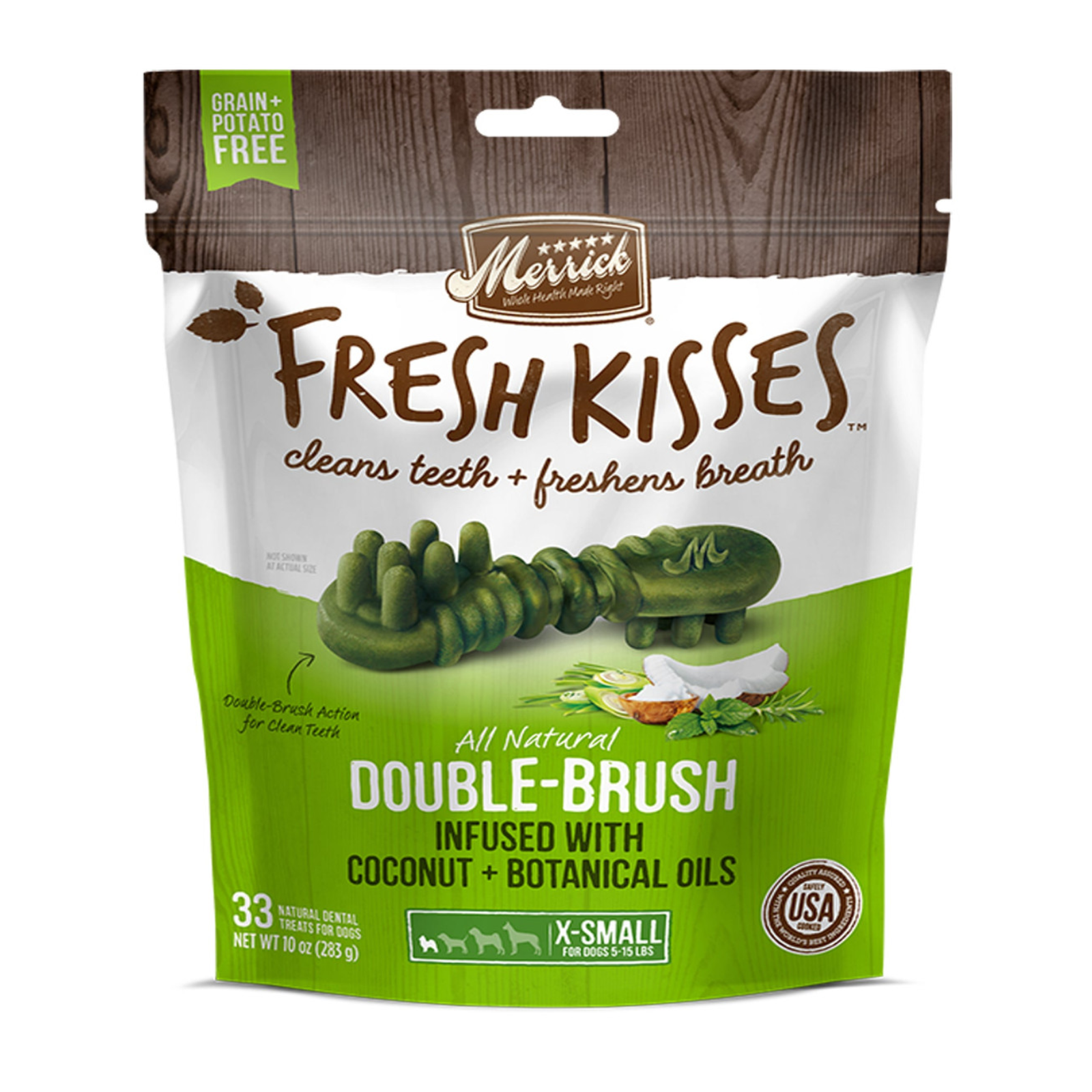Merrick Fresh Kisses Double-Brush dog dental treats in a 10 oz resealable pouch. The packaging features a dark brown top section with a wood-grain pattern, a white middle section with the Merrick logo, and a bright green bottom section showing the green double-brush treats.
