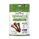 A package of Wellness Whimzees Natural Dental Treats for dogs, featuring four colorful bone-shaped treats (tan, red, green, and brown) on a white and green stand-up pouch.