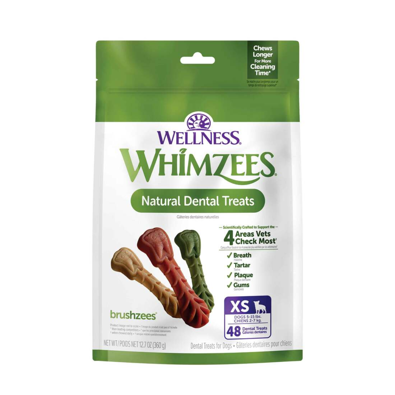 A package of Wellness Whimzees Natural Dental Treats for dogs, featuring four colorful bone-shaped treats (tan, red, green, and brown) on a white and green stand-up pouch.