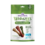 Wellness Whimzees Natural Dental Treats for dogs in a green and white stand-up pouch, featuring illustrations of four different colored bone-shaped treats.