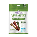 Wellness Whimzees Natural Dental Treats for dogs in a green and white stand-up pouch, featuring illustrations of four different colored bone-shaped treats.