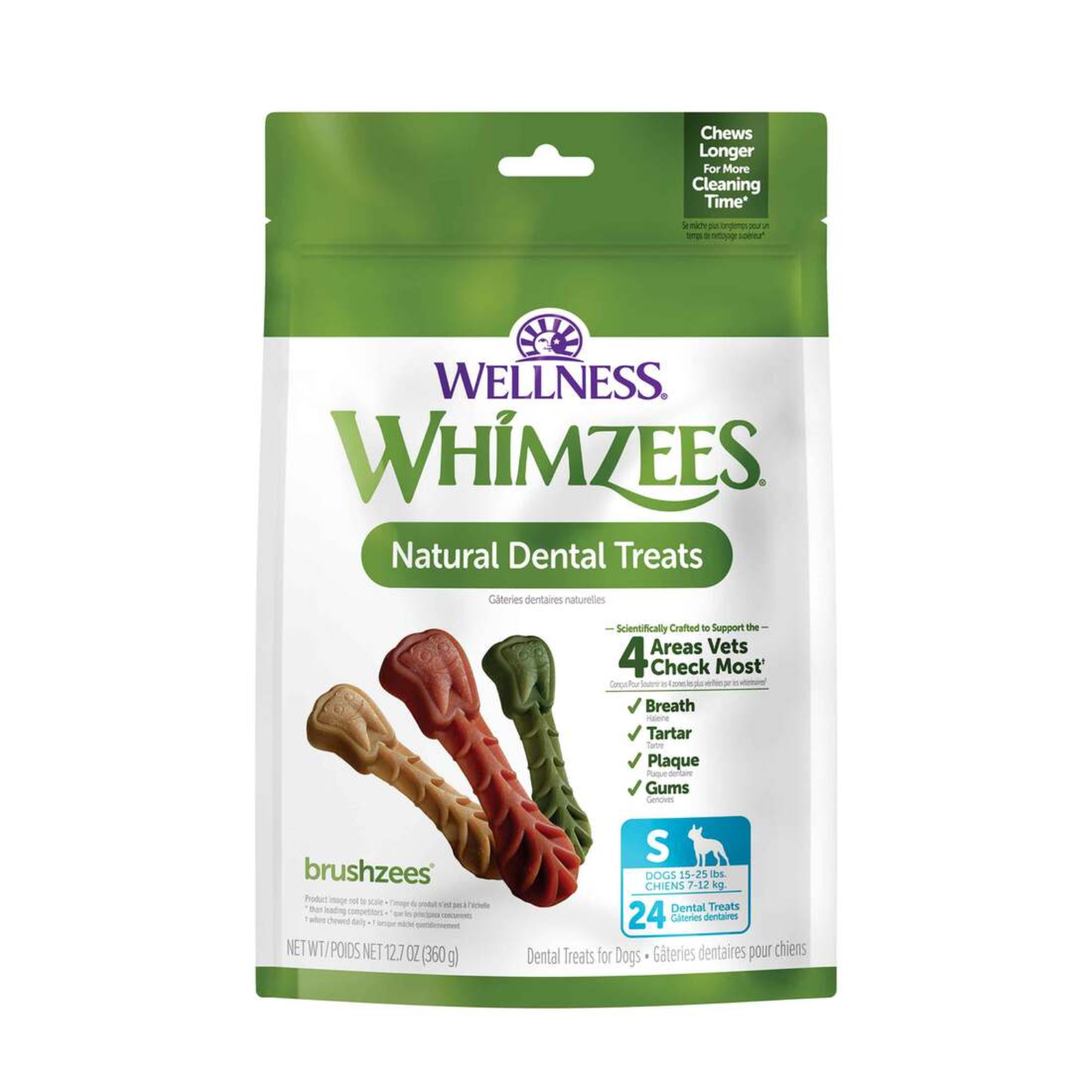 Wellness Whimzees Natural Dental Treats for dogs in a green and white stand-up pouch, featuring illustrations of four different colored bone-shaped treats.