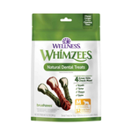 Wellness Whimzees Natural Dental Treats for dogs in a green and white resealable pouch, featuring illustrations of colorful dental treats.