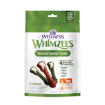 Wellness Whimzees Natural Dental Treats for dogs in a green and white resealable pouch, featuring illustrations of colorful bone-shaped treats.