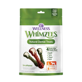 Wellness Whimzees Natural Dental Treats for dogs in a green and white resealable pouch, featuring illustrations of colorful bone-shaped treats.