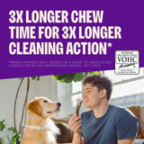 Man holding a dog chew treat with a dog sitting next to him, on a purple background with text about chew time and cleaning action.