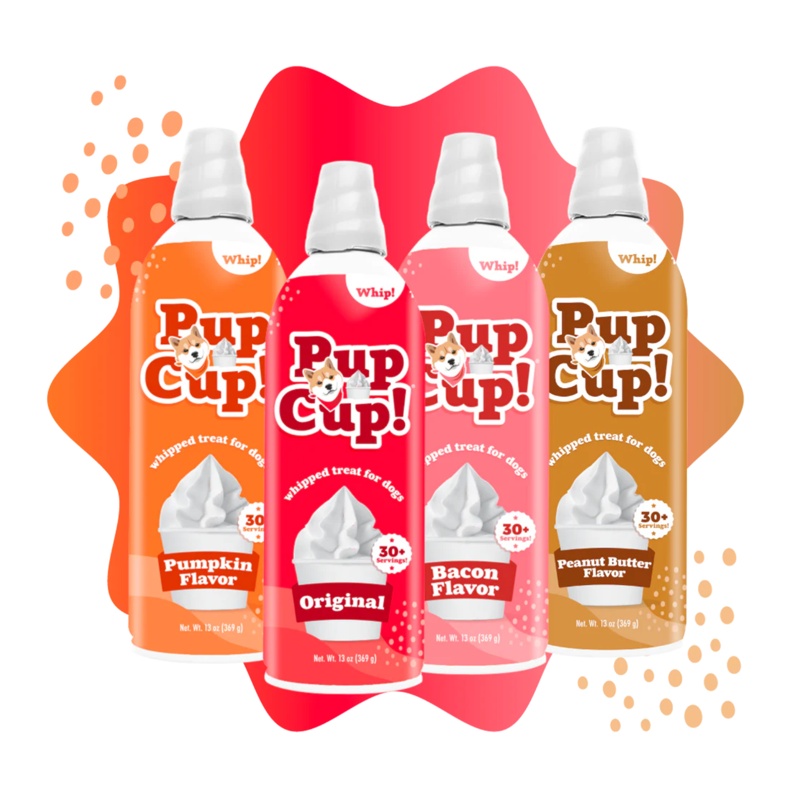 Four Pup Cup! whipped treat cans arranged in a fan shape on a white background with orange and red abstract shapes. The cans are labeled Pumpkin Flavor, Original, Bacon Flavor, and Peanut Butter Flavor.