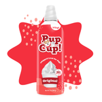 A can of Pup Cup! Original whipped treat for dogs, shown against a white background with a red starburst graphic behind it.