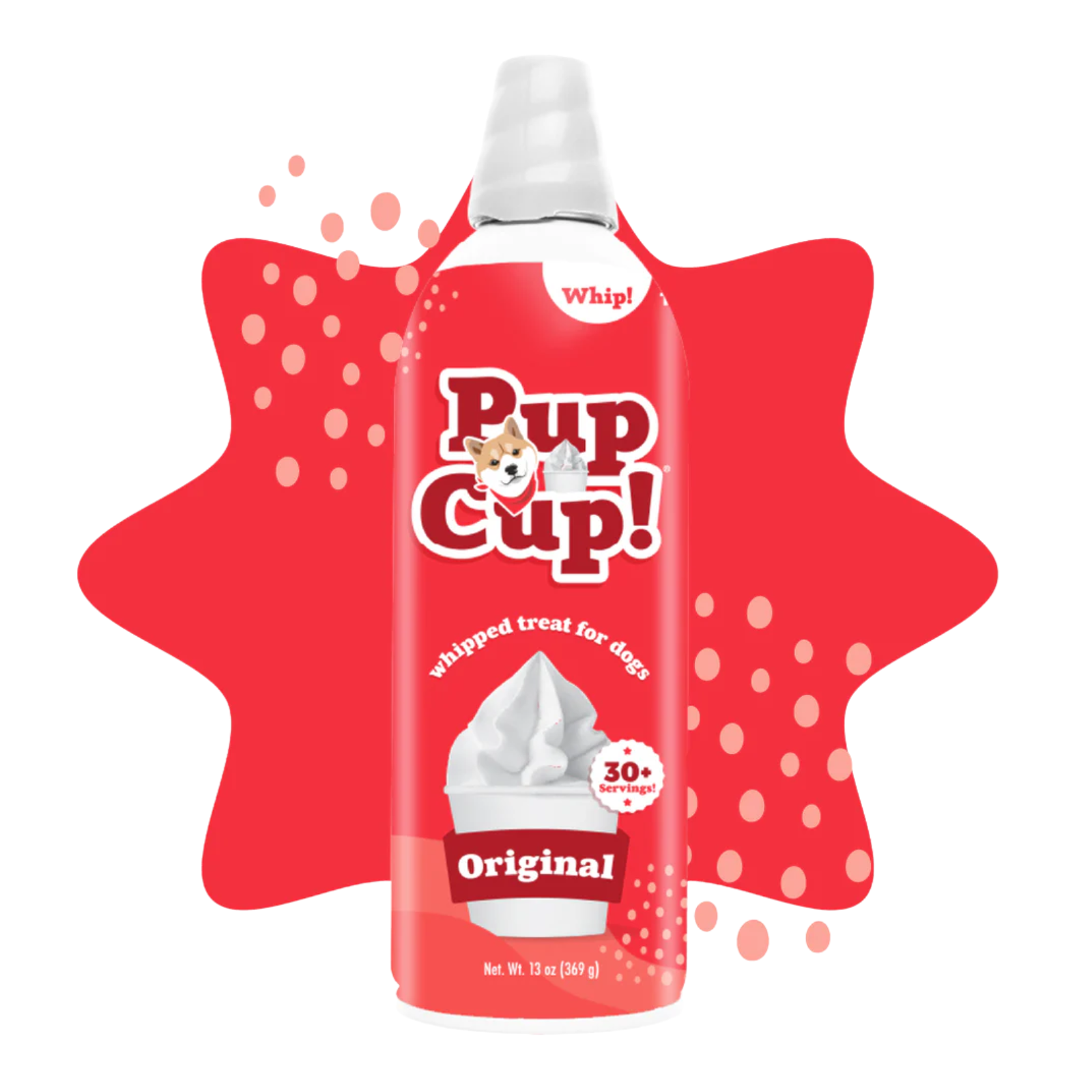 A can of Pup Cup! Original whipped treat for dogs, shown against a white background with a red starburst graphic behind it.