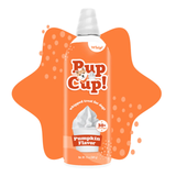 A bottle of Pup Cup! whipped treat for dogs in Pumpkin Flavor, shown against a white background with an orange star-shaped graphic behind it.