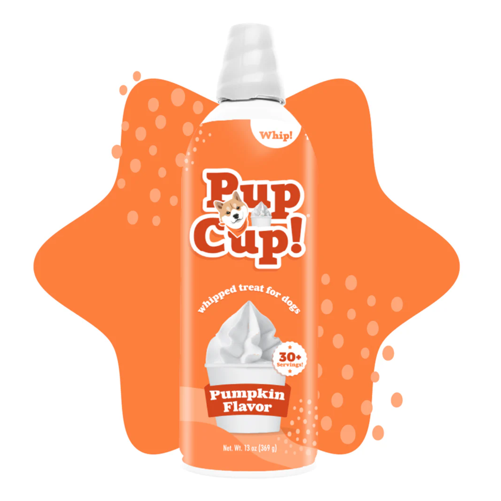 A bottle of Pup Cup! whipped treat for dogs in Pumpkin Flavor, shown against a white background with an orange star-shaped graphic behind it.