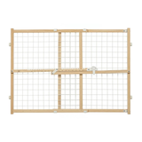 A wooden pet gate with a natural oak frame and white wire mesh panels, featuring a central latch mechanism and side adjustment knobs, shown on a plain white background.