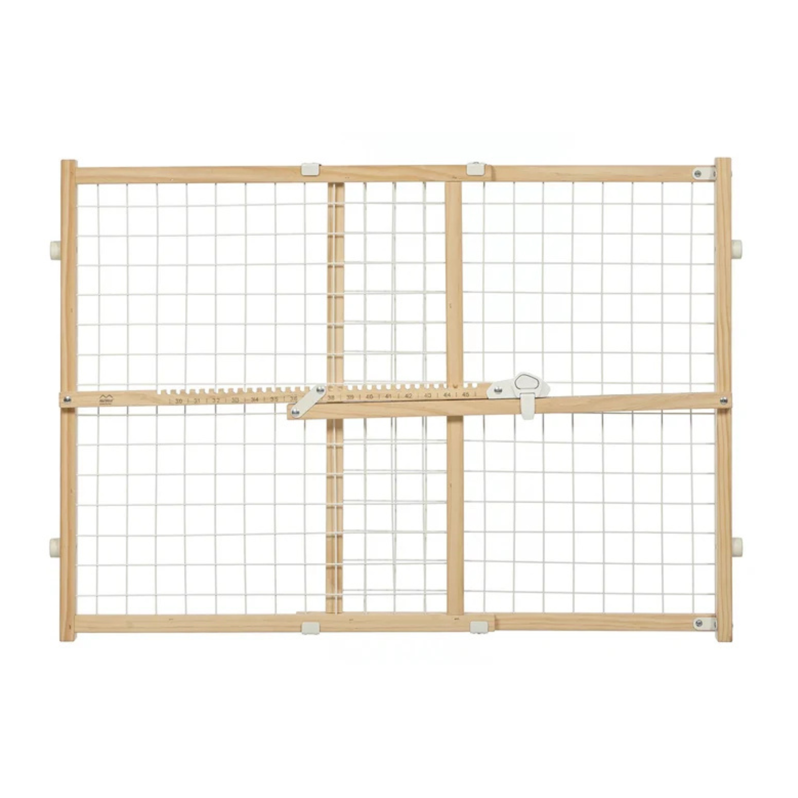 A wooden pet gate with a natural oak frame and white wire mesh panels, featuring a central latch mechanism and side adjustment knobs, shown on a plain white background.