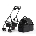 A pet stroller and carrier set on a white background, featuring a black metal stroller frame with a black basket and wheels, and a black pet carrier with a black mesh canopy.
