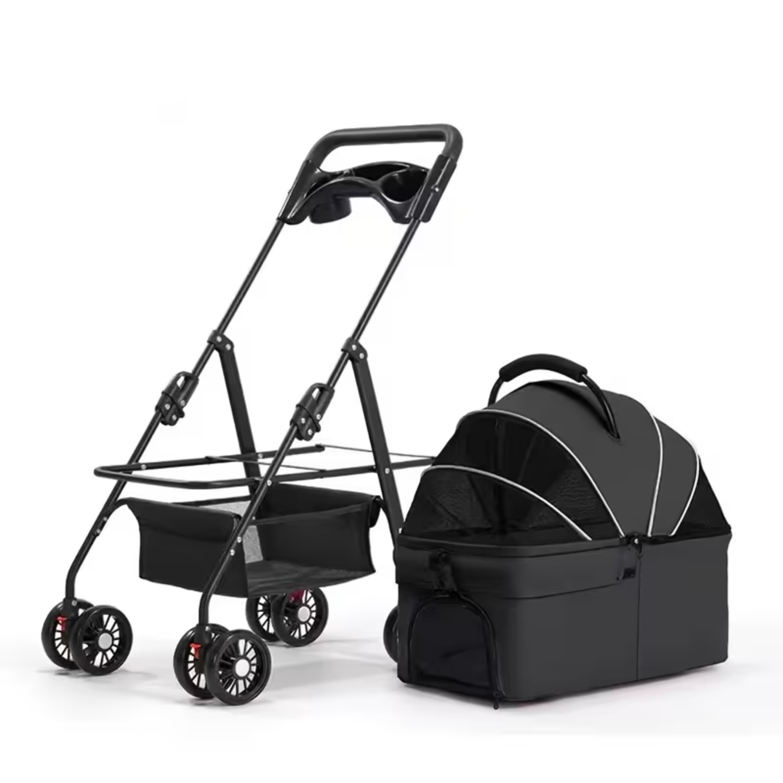 A pet stroller and carrier set on a white background, featuring a black metal stroller frame with a black basket and wheels, and a black pet carrier with a black mesh canopy.