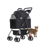 A black pet stroller with mesh windows and four wheels, shown on a white background with a small cat standing beside it.