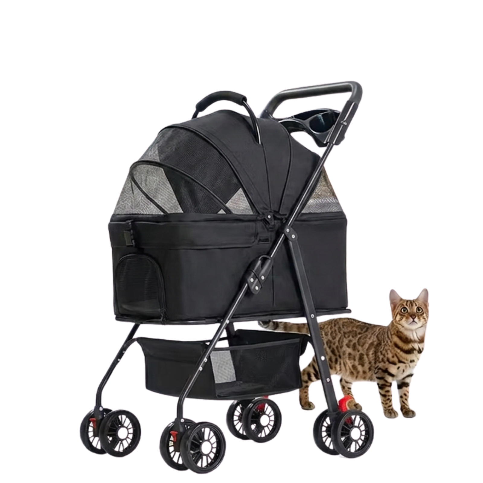 A black pet stroller with mesh windows and four wheels, shown on a white background with a small cat standing beside it.