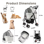 Pet stroller with dimensions and weight capacity shown, featuring a cat and dog illustration.