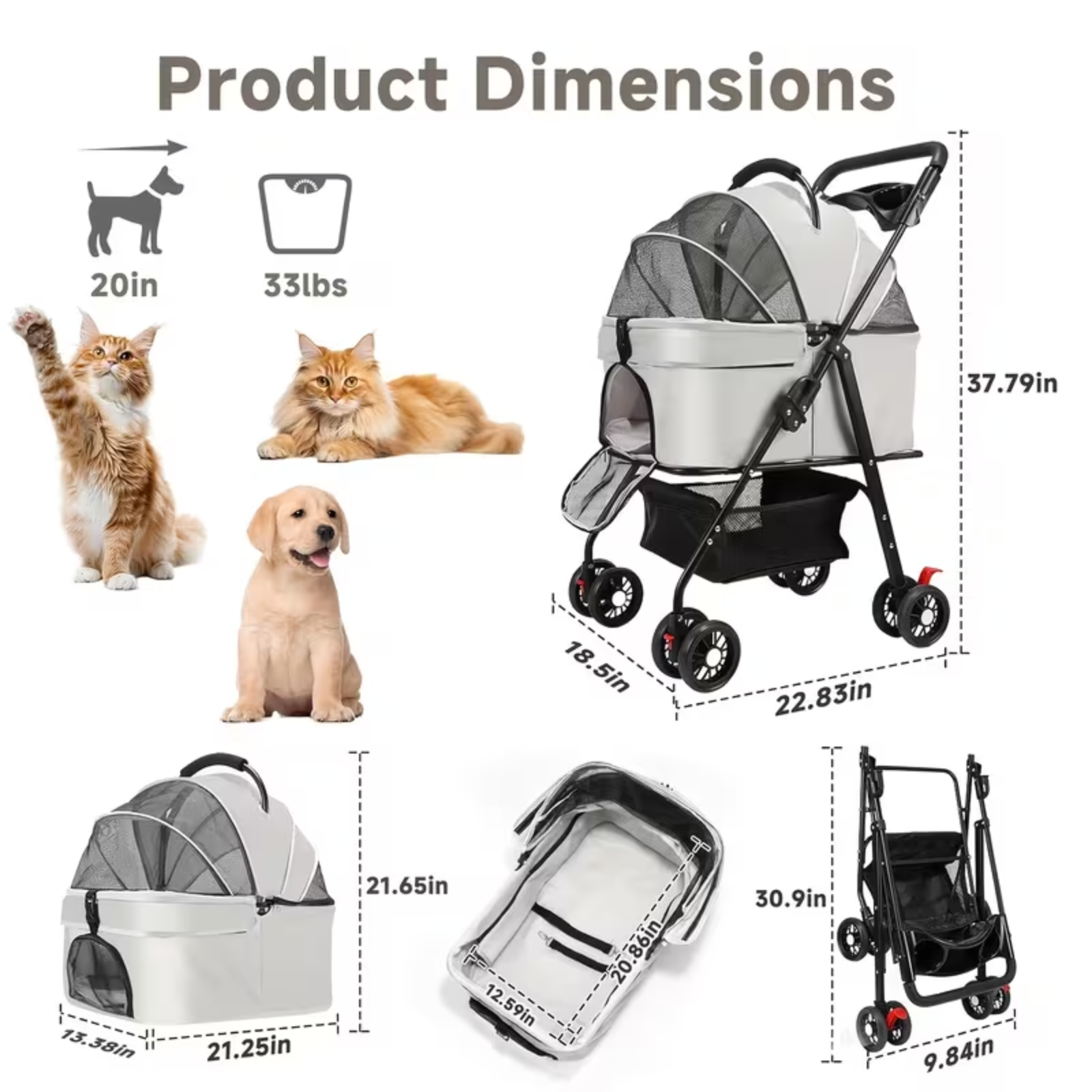 Pet stroller with dimensions and weight capacity shown, featuring a cat and dog illustration.