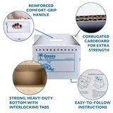 White Oasis Pet Carrier box shown on a light gray background with feature callouts and circular inset images highlighting the reinforced handle, corrugated cardboard construction, interior, and assembly instructions.