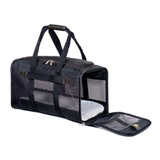 A black mesh pet carrier duffel bag with dual top handles, shown with its front door panel open to reveal a white interior lining.