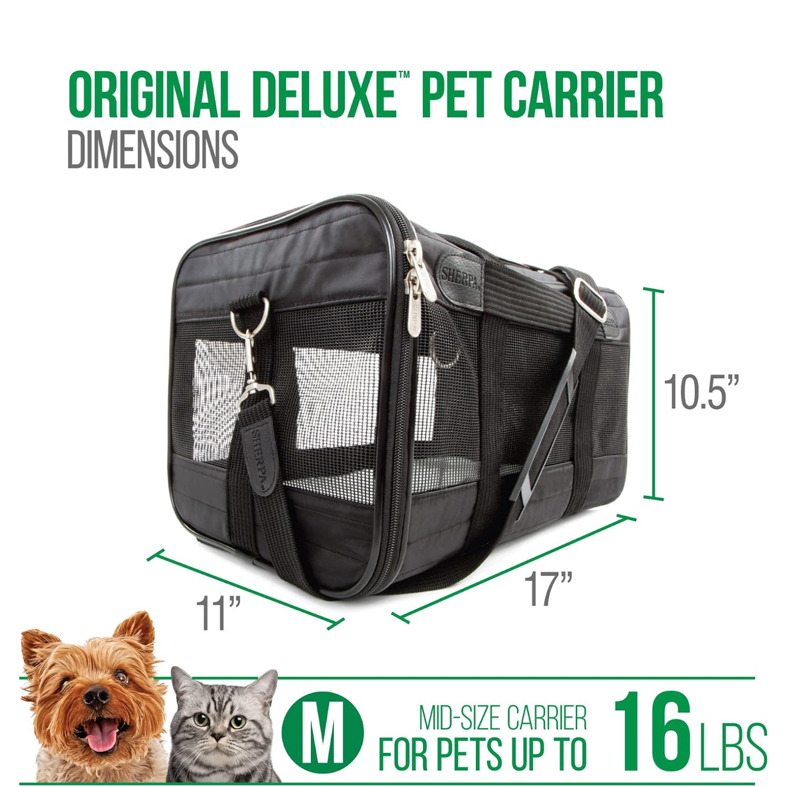 Black pet carrier bag with mesh side panels and dimension callouts showing 11 inches, 17 inches, and 10.5 inches, plus text reading 'ORIGINAL DELUXE PET CARRIER DIMENSIONS' and 'FOR PETS UP TO 16 LBS'.