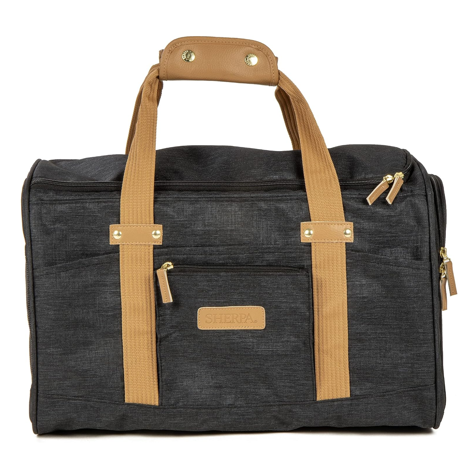 A dark charcoal gray textured duffel bag with tan webbed handles and trim, featuring gold-tone hardware and a front zippered pocket with a 'SHERPA' brand patch.