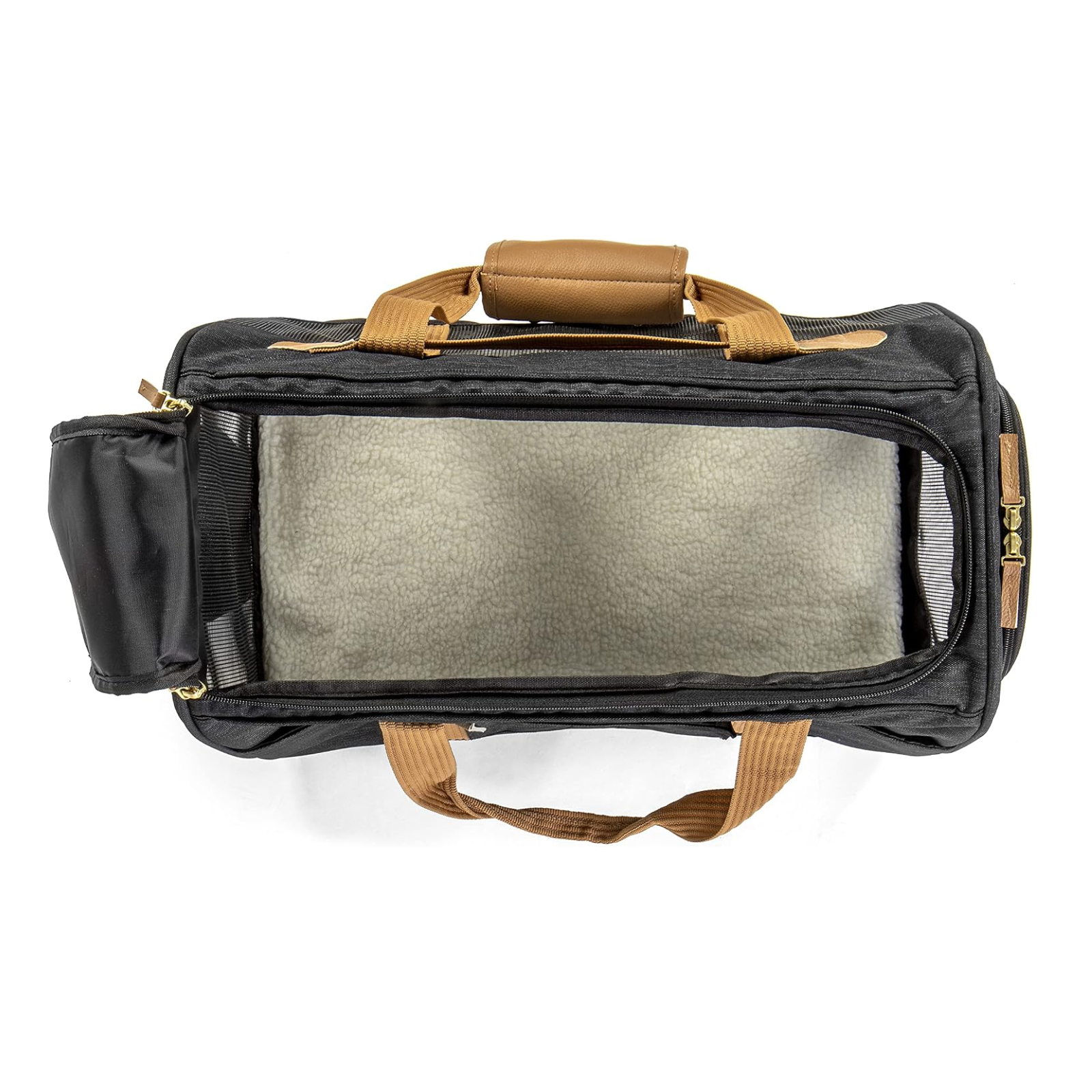 A black duffel bag with tan handles, shown from a top-down view with the main compartment open to reveal a gray interior liner.