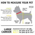 Instructional graphic titled 'HOW TO MEASURE YOUR PET' showing a gray dog silhouette with measurement lines and labels for length and height, plus text for a large carrier's maximum weight and dimensions.